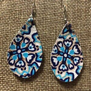 Leather Teardrop Fish Hook Earrings Heart Flower Design